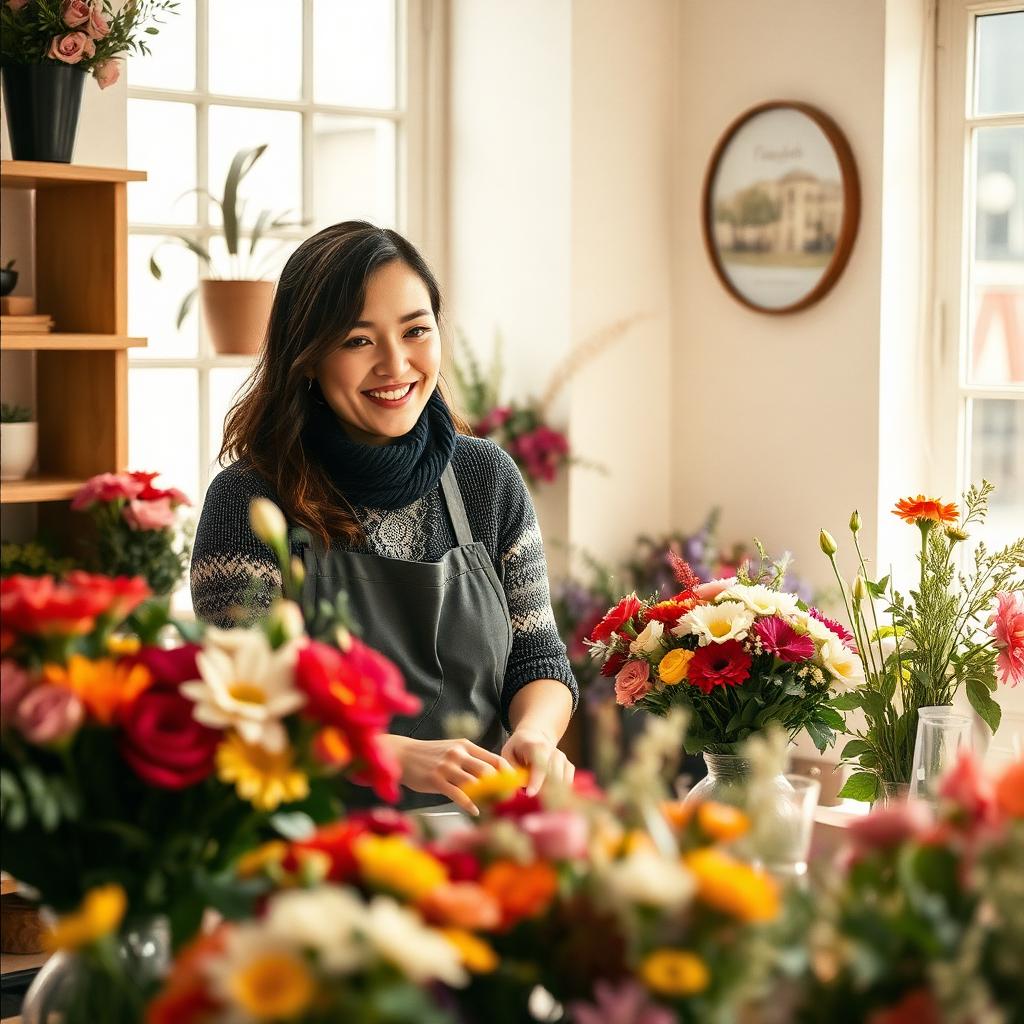 An independent florist working in her local flower shop