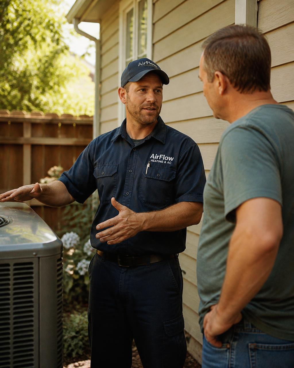 An HVAC technician talking with a homeowner beside an outdoor air conditioning unit