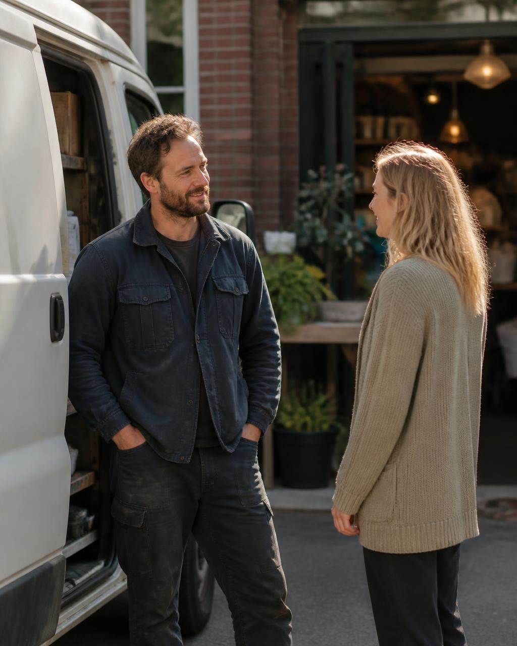 A local business owner and a customer talking together outside a small neighborhood shop